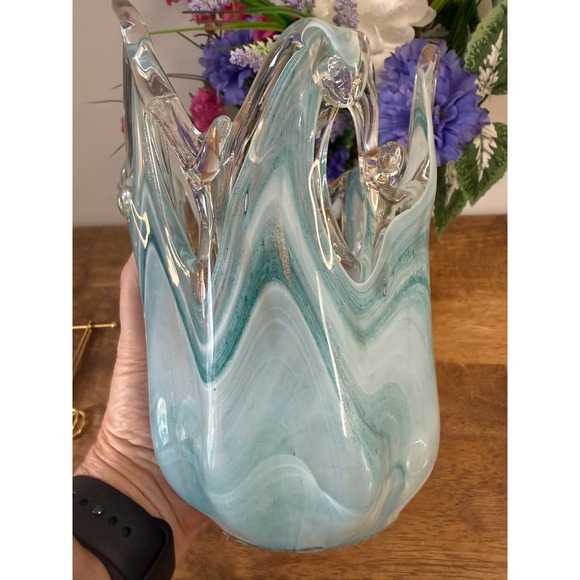 Vintage Hand Blown Blue White Art Glass Ruffled Vase Sculptural Studio Glass - Picture 6 of 10
